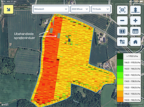 Screenshot af FieldView hvor sprøjtevinduerne fremgår efter endt T0-behandling
